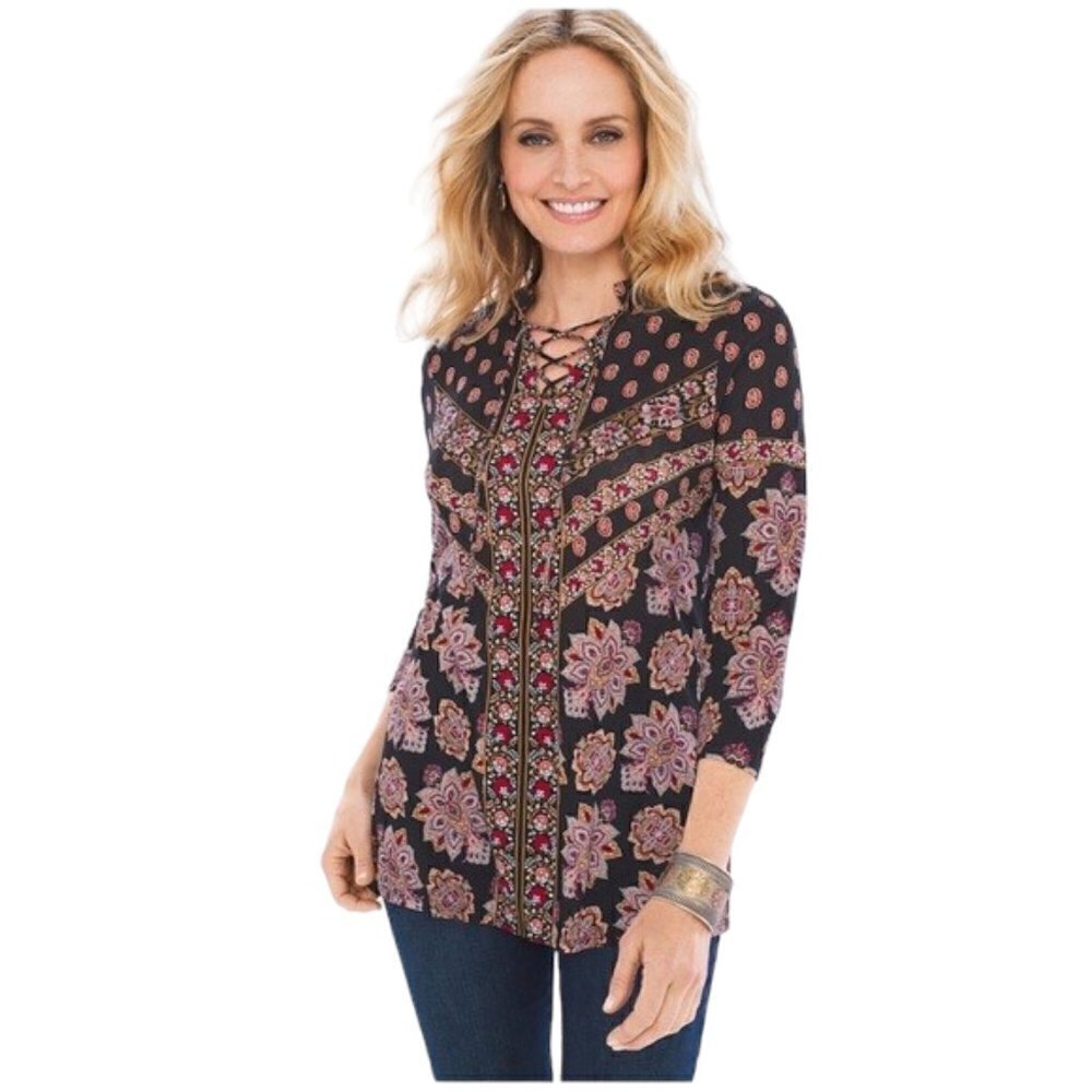 CHICO'S Parisian Medallion Lace-Up Blouse - Size Medium/8